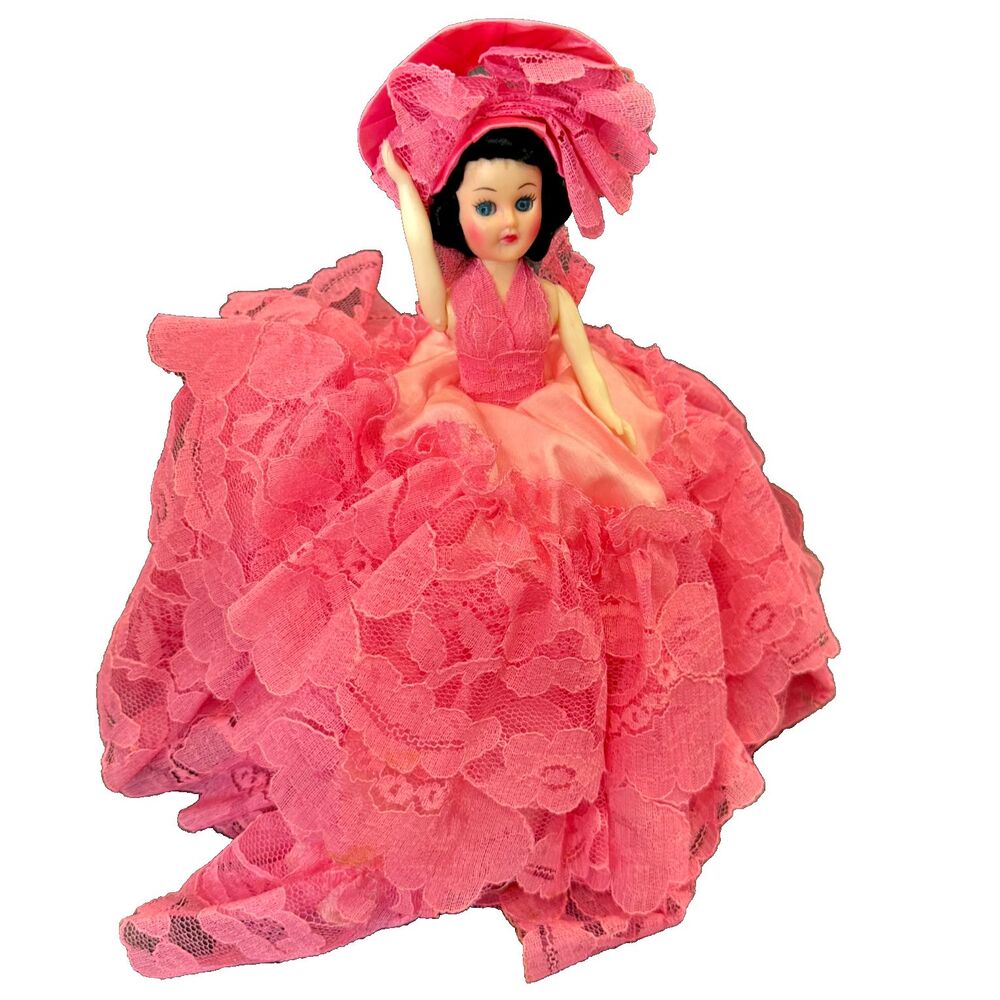 1950sish Vintage Doll in Pink Lace Dress with Handmade Dress, Preloved